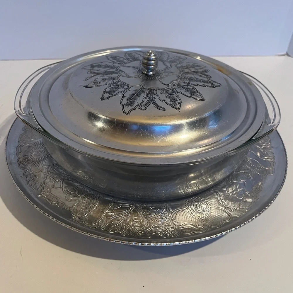 Vintage Pyrex Two Quart Clear Glass Dish with Etched Aluminum Cover and Base